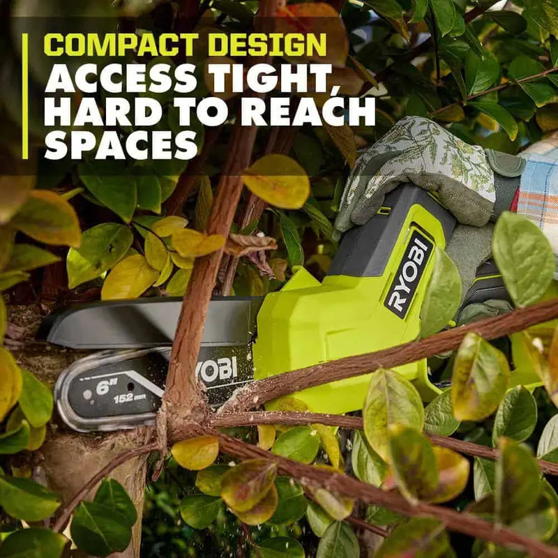 RYOBI ONE+ 18V 6″ Cordless Pruning Chainsaw Tool Only – Compact, Tool-less Tensioning, Oil-Free, 3-Year Warranty