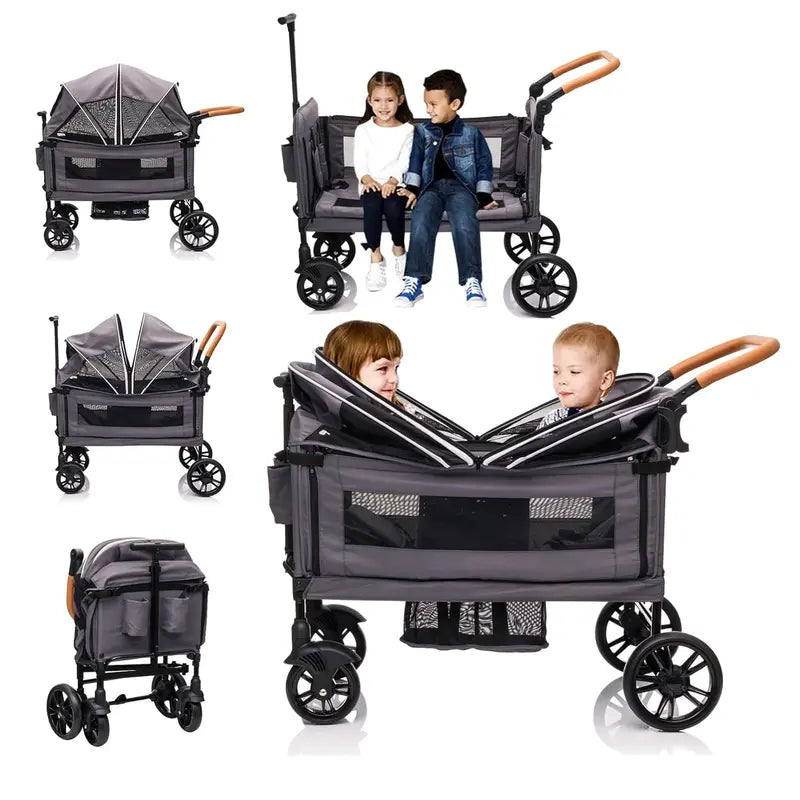 Lightweight Foldable Double Wagon Stroller – Push-Pull Travel Stroller for Newborns & Toddlers, 5-Point Safety Harness, Canopy, Tray Table & Cup Holder