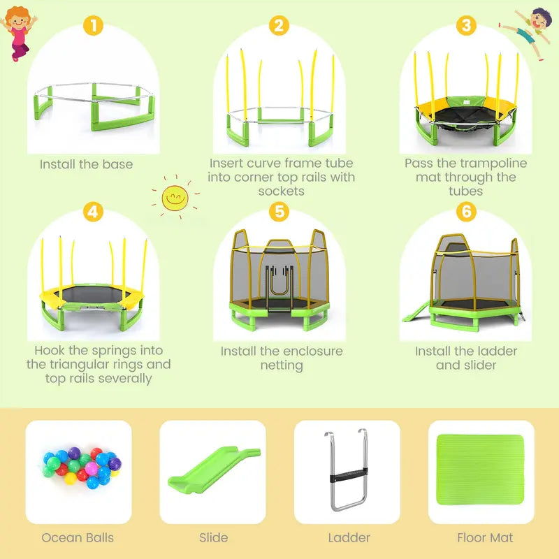 Kids' Trampoline with Integrated Slide, 7-Foot ASTM-Certified Backyard Play Set
