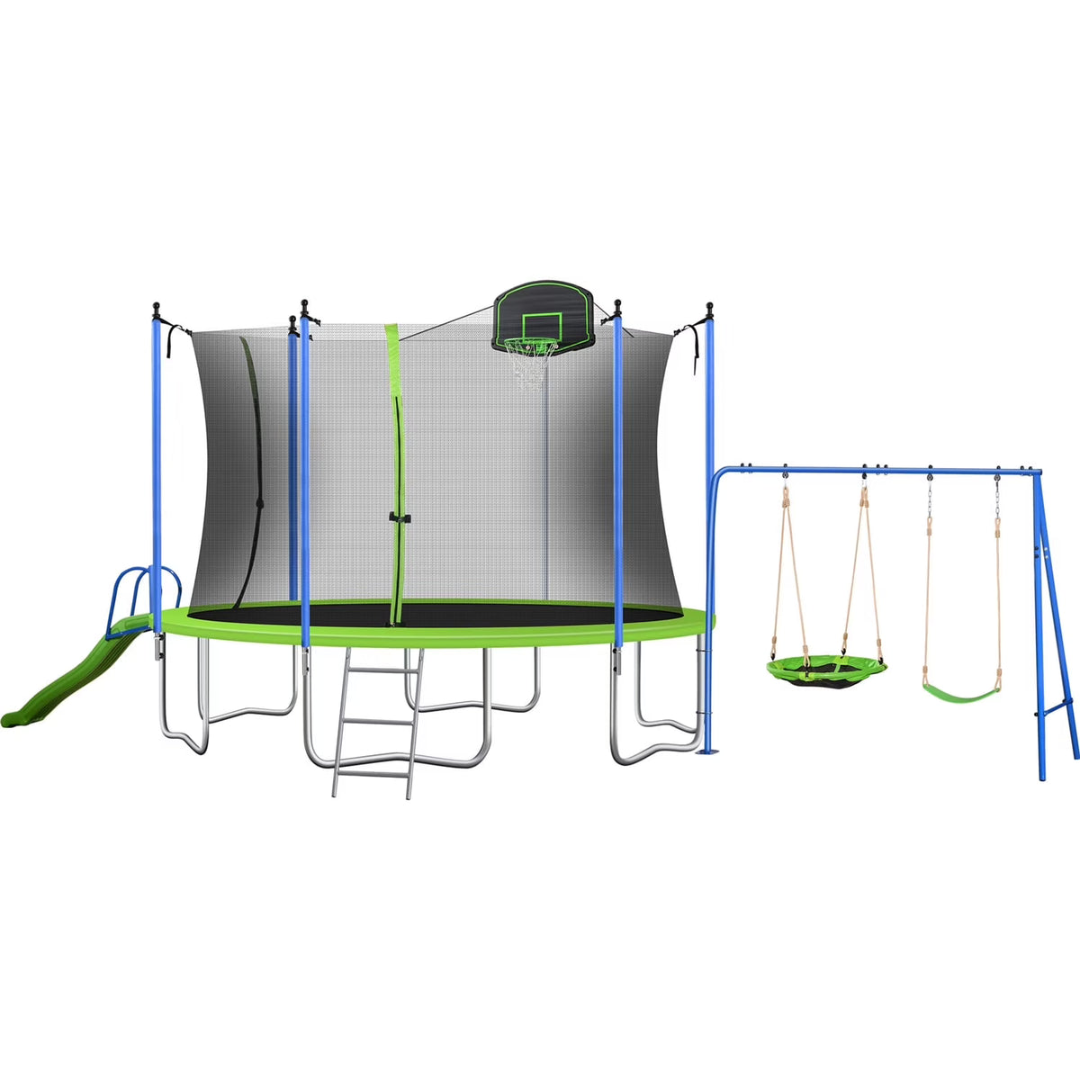 12FT Trampoline for Kids & Adults, Recreational Trampoline with Slide & Swing & Basketball Hoop & Enclosure Net, 600 lb Capacity for 4 - 5 Kids