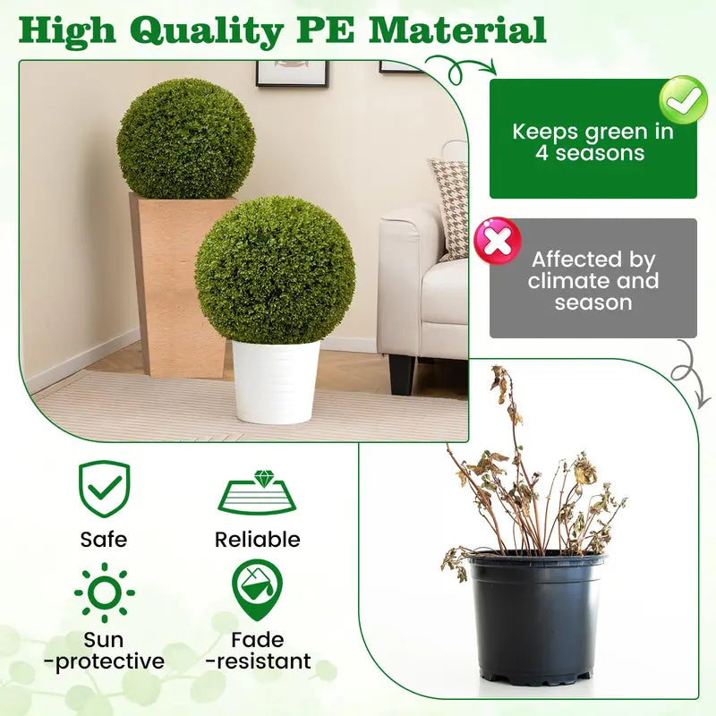 Set of Two 20-Inch Faux Boxwood Topiaries – Outdoor-Ready Round Hedge Balls with Fluffy Texture