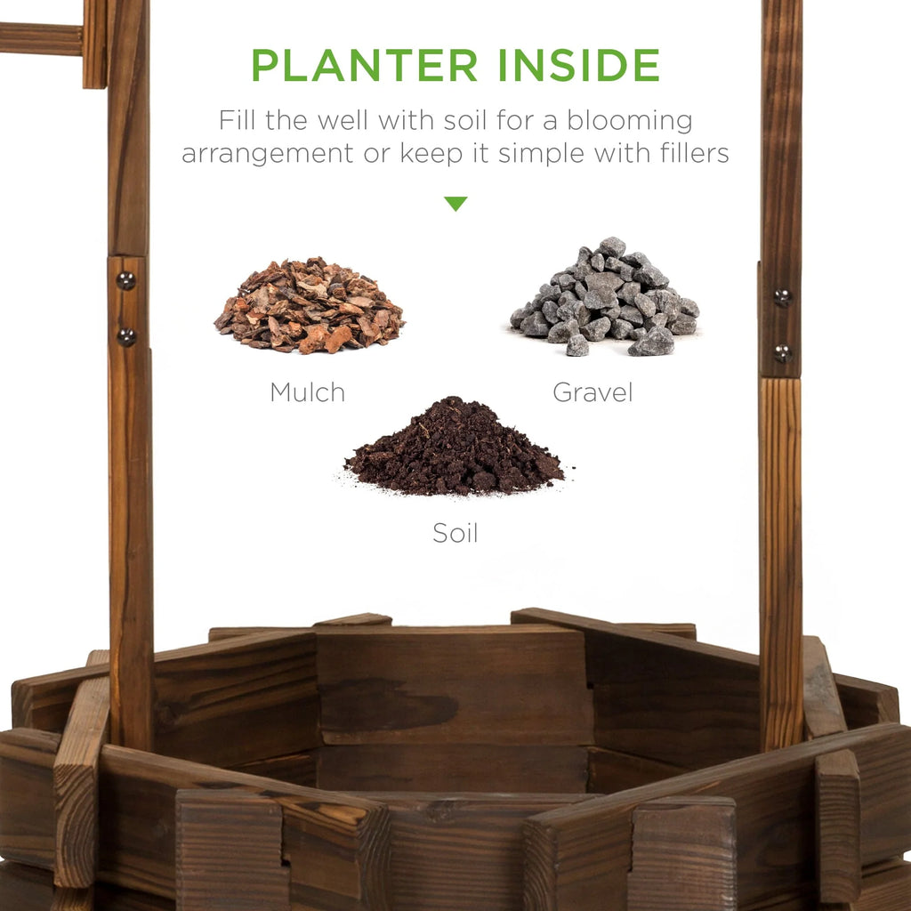 Best Choice Products Rustic Wooden Wishing Well Planter Outdoor Home Decor for Patio, Garden, Yard W/ Hanging Bucket