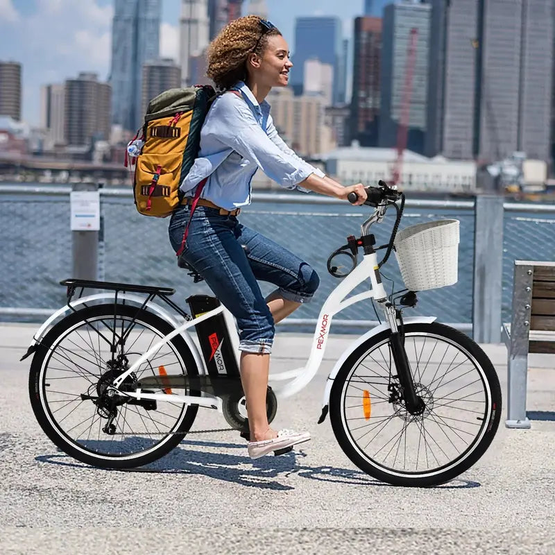 PEXMOR 350W Commuter E-Bike – 26″ Cruiser with Shimano 6-Speed, Removable 36V Battery & Dual Suspension
