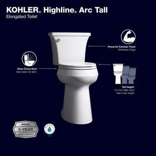 KOHLER Highline Arc Extra-Tall 2-Piece Elongated Toilet – 1.28 GPF Single Flush, White Finish with Seat (Model 78305-0)