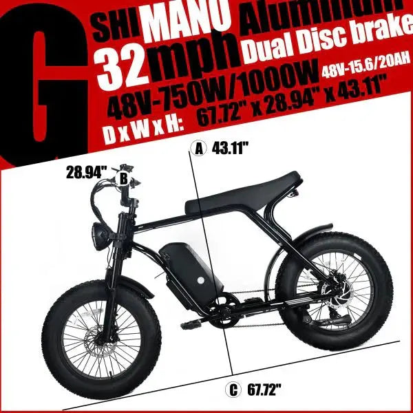 Shi Mano 1000W Fat Tire Electric Mountain Bike – 20×4.0″, 48V 20Ah Battery, 45 mph Top Speed