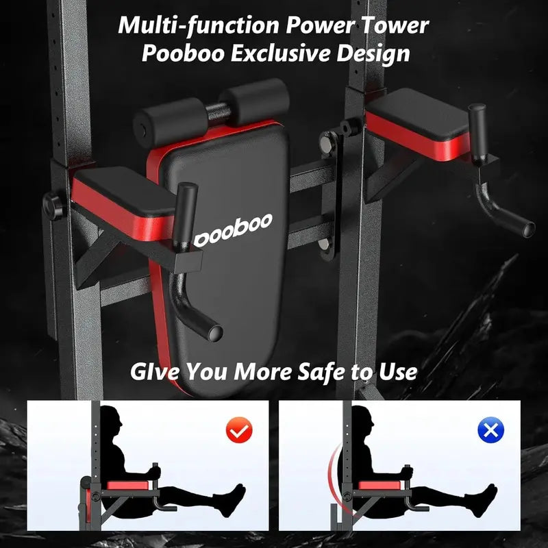 Pooboo Adjustable Power Tower – Dip Station, Pull-Up Bar & Ab Board