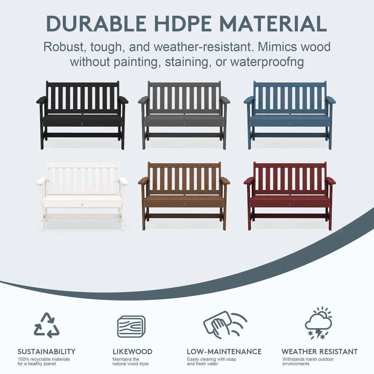 SERWALL Outdoor Bench for 2 - Person, Weather - Resistant HDPE with Aluminum Reinforcement, Supports 660 lb, Comfortable Seating for Patio, Garden, and Porch, Black