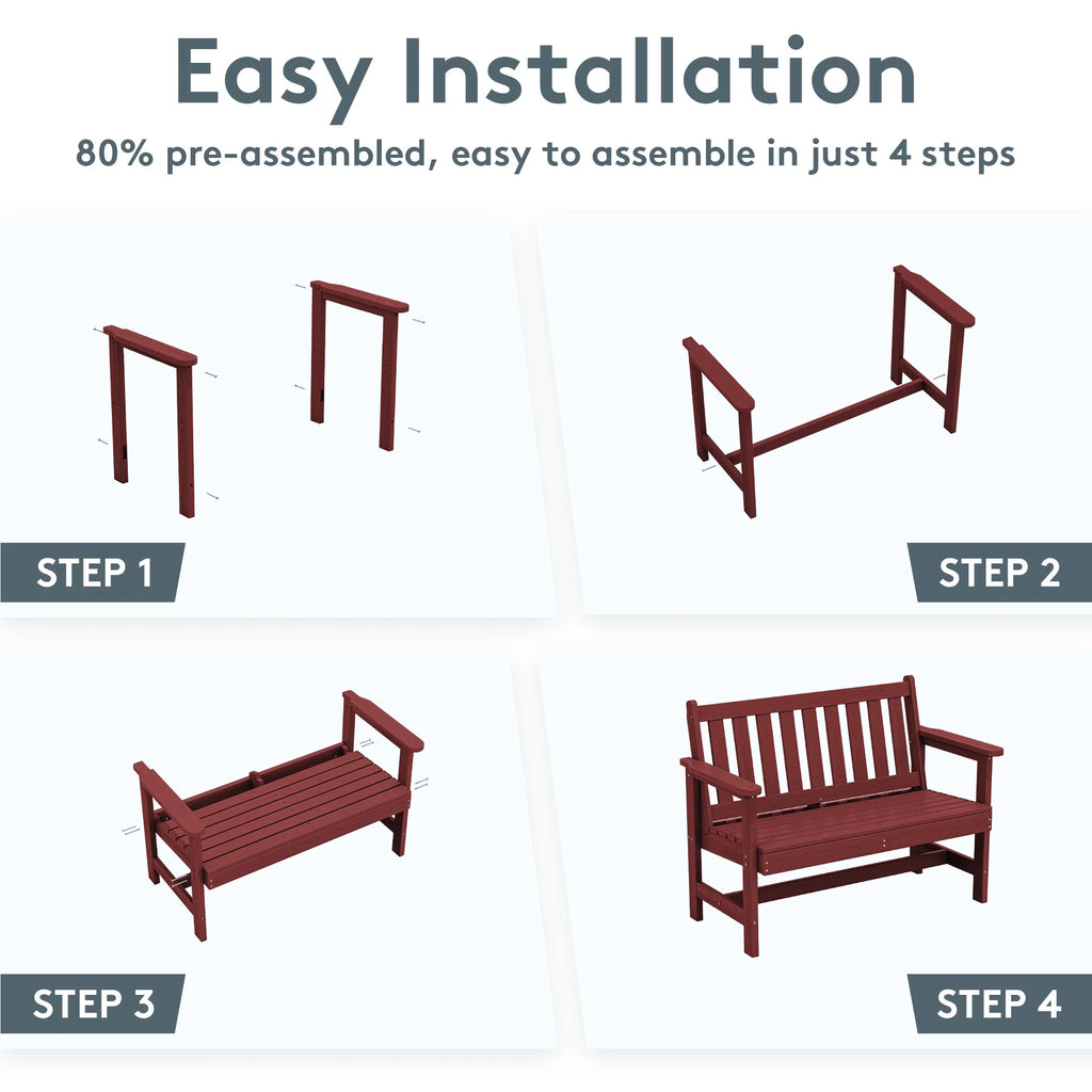 SERWALL Outdoor Bench for 2 - Person, Weather - Resistant HDPE with Aluminum Reinforcement, Supports 660 lb, Comfortable Seating for Patio, Garden, and Porch, Black