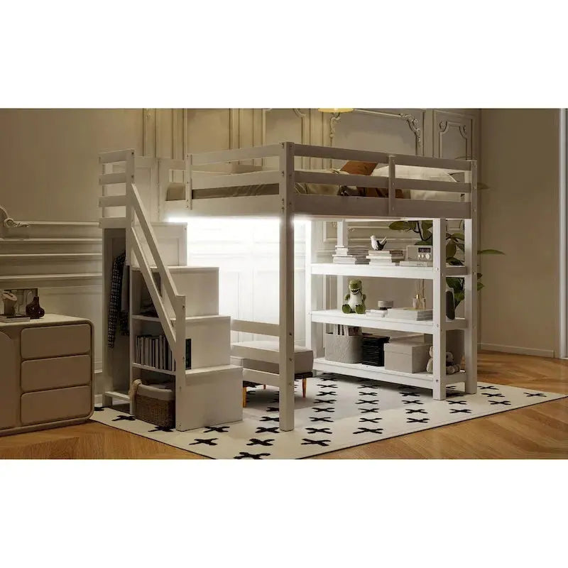 Full/Twin Loft Bed with Integrated Storage Stairs, Wardrobe, Shelves & LED Lighting