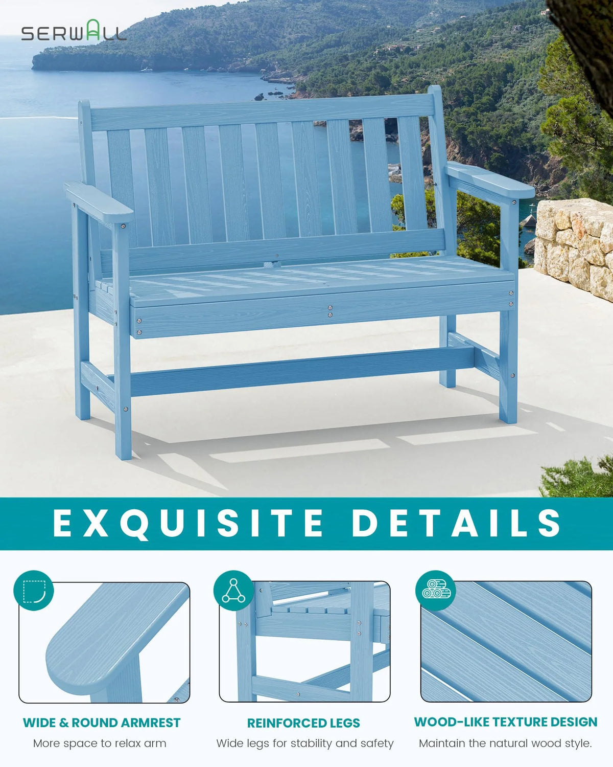 SERWALL Outdoor Bench for 2 - Person, Weather - Resistant HDPE with Aluminum Reinforcement, Supports 660 lb, Comfortable Seating for Patio, Garden, and Porch, Black