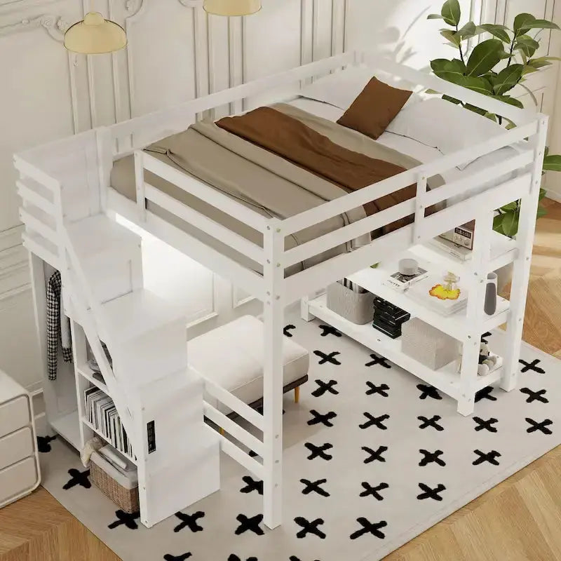 Full/Twin Loft Bed with Integrated Storage Stairs, Wardrobe, Shelves & LED Lighting