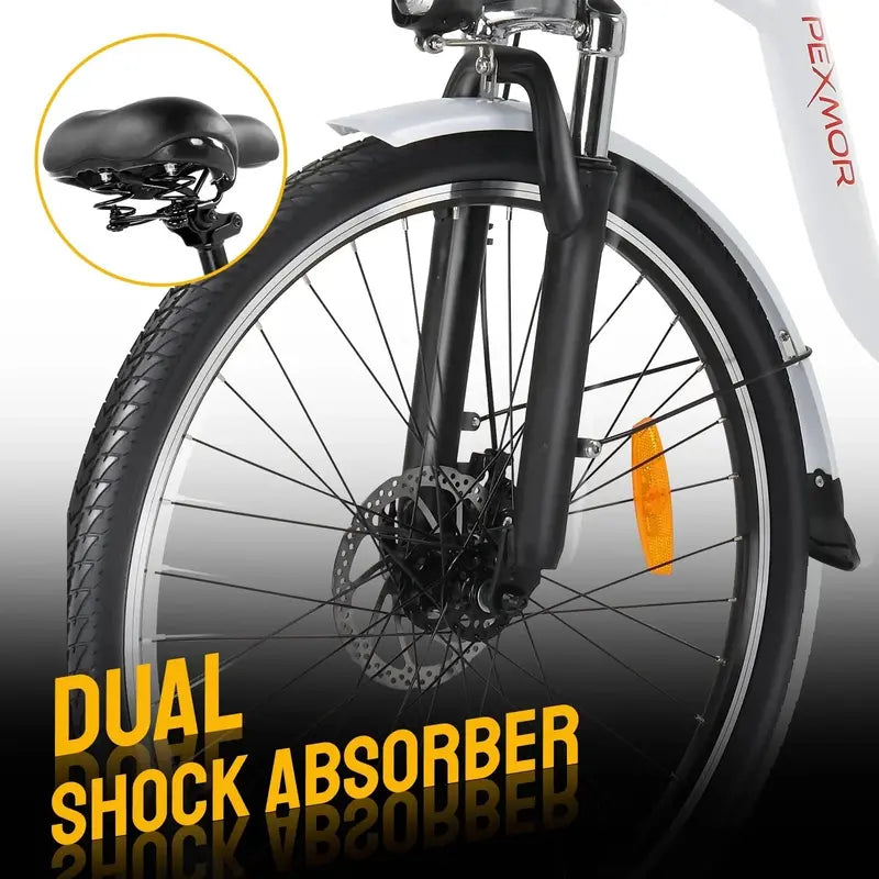 PEXMOR 350W Commuter E-Bike – 26″ Cruiser with Shimano 6-Speed, Removable 36V Battery & Dual Suspension