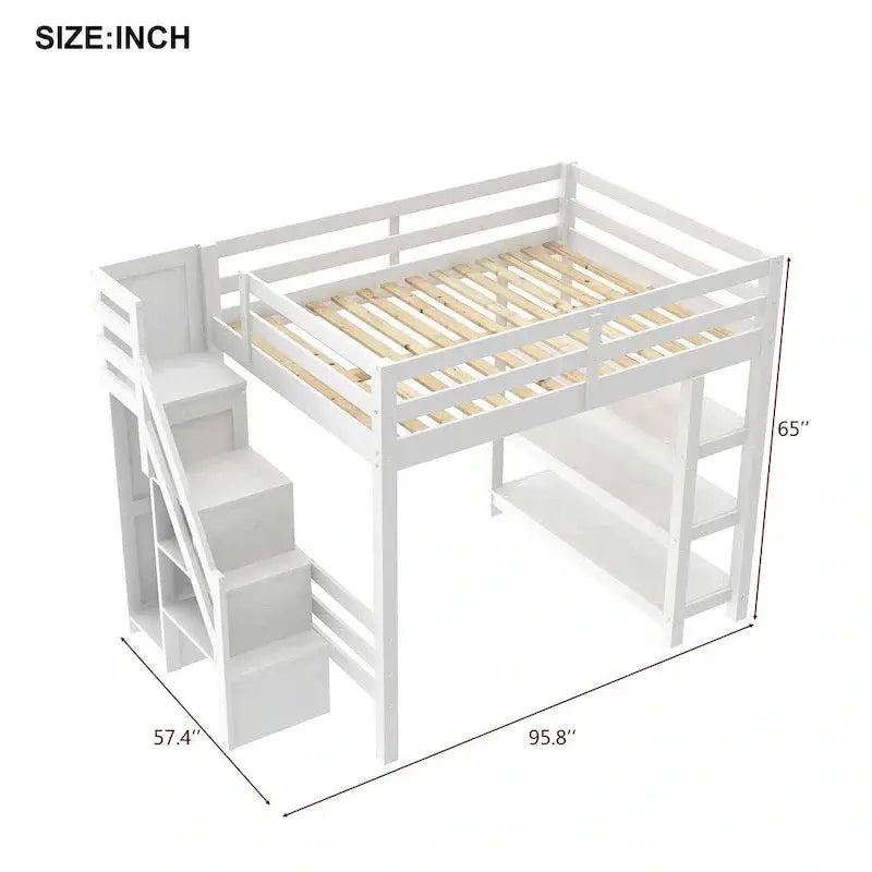 Full/Twin Loft Bed with Integrated Storage Stairs, Wardrobe, Shelves & LED Lighting