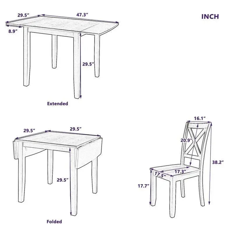 Compact 3-Piece Breakfast Nook Set – Drop-Leaf Wood Dining Table with Two X-Back Chairs