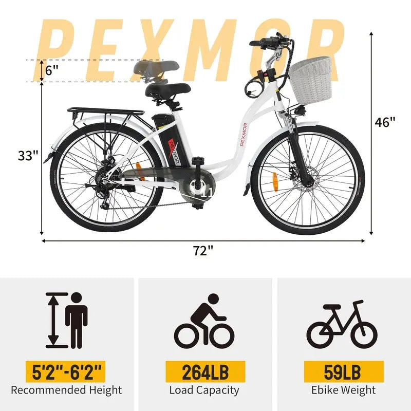 PEXMOR 350W Commuter E-Bike – 26″ Cruiser with Shimano 6-Speed, Removable 36V Battery & Dual Suspension