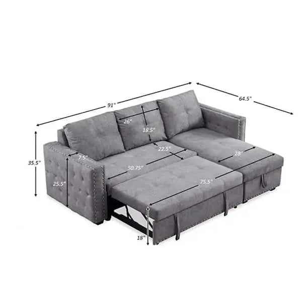 Reversible Gray Velvet L-Shaped Sleeper Sectional Sofa with Hidden Storage Compartment