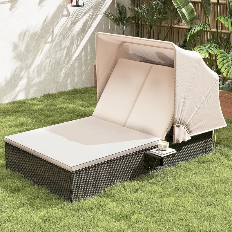 RELAX4LIFE Outdoor Wicker Daybed – Retractable Canopy Chaise Lounge with 6-Position Backrest