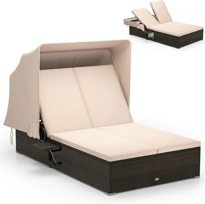 RELAX4LIFE Outdoor Wicker Daybed – Retractable Canopy Chaise Lounge with 6-Position Backrest