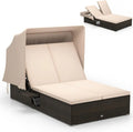 RELAX4LIFE Outdoor Wicker Daybed – Retractable Canopy Chaise Lounge with 6-Position Backrest