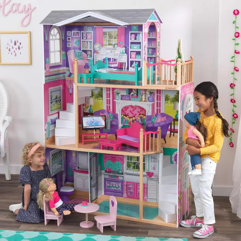 KidKraft 18-Inch Wooden Dollhouse Manor, 3-Level, 12-Piece Furniture, Fits 18″ Dolls, Over 5ft Tall