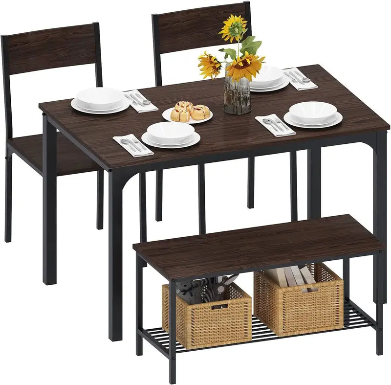 Compact Dining Set: Rectangular Table with 2 Chairs and 1 Bench – Modern Bistro-Style Setup for Small Spaces