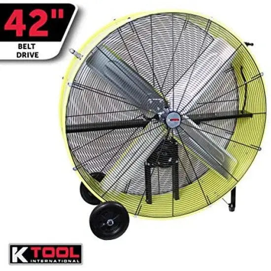 K Tool International 42-Inch Industrial Drum Fan – Dual-Speed, Safety Yellow, Rubber-Wheeled & Tip-Over Protected