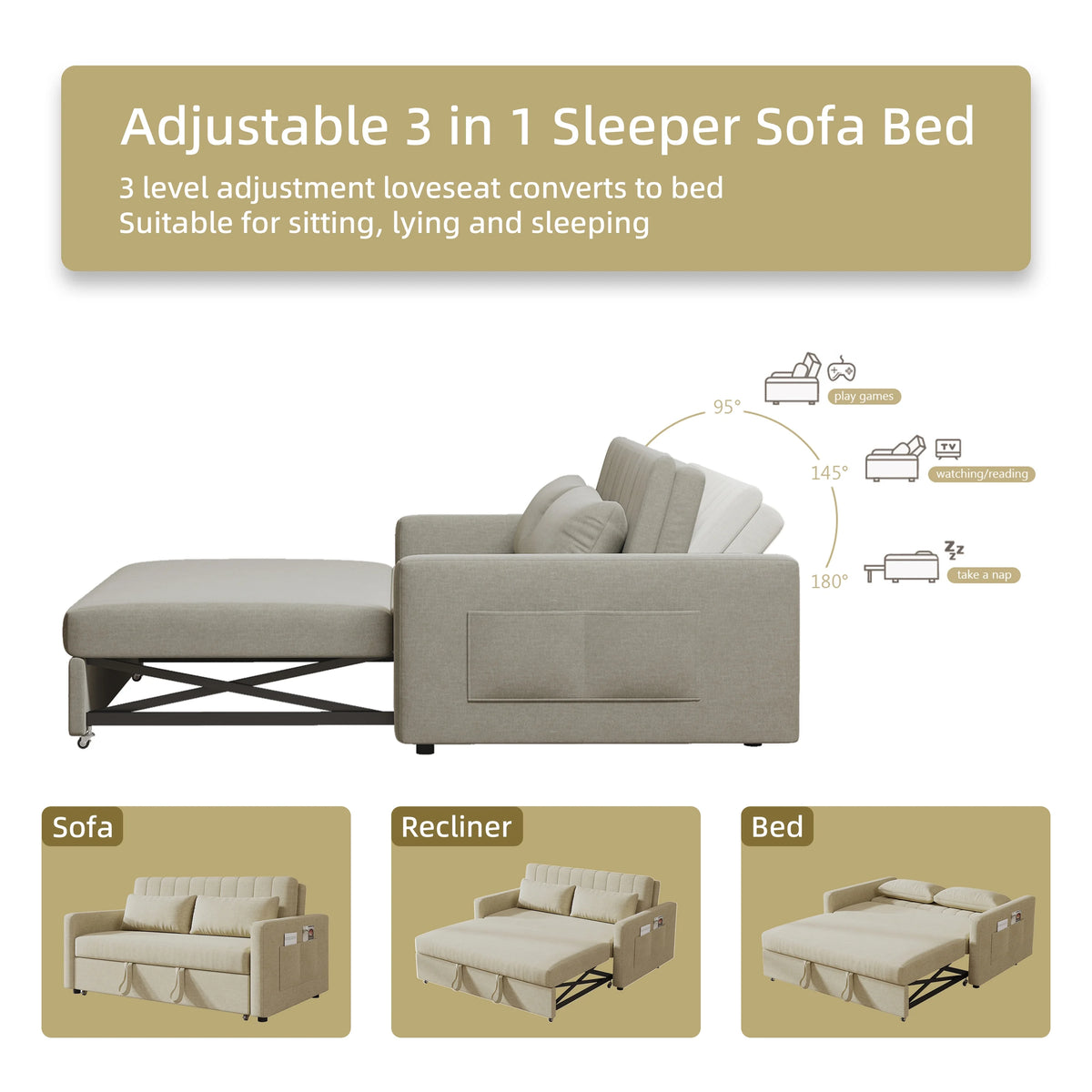 Noodeniya 54" Twins Pull Out Sofa Bed, Modern Convertible Sleeper Couch, Fabric Loveseat for Small Place, Light Gray