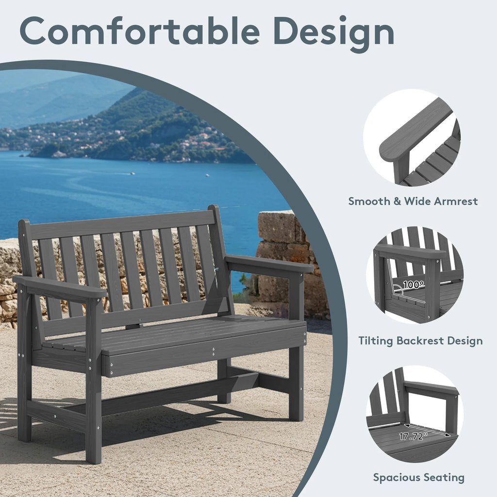 SERWALL Outdoor Bench for 2 - Person, Weather - Resistant HDPE with Aluminum Reinforcement, Supports 660 lb, Comfortable Seating for Patio, Garden, and Porch, Black