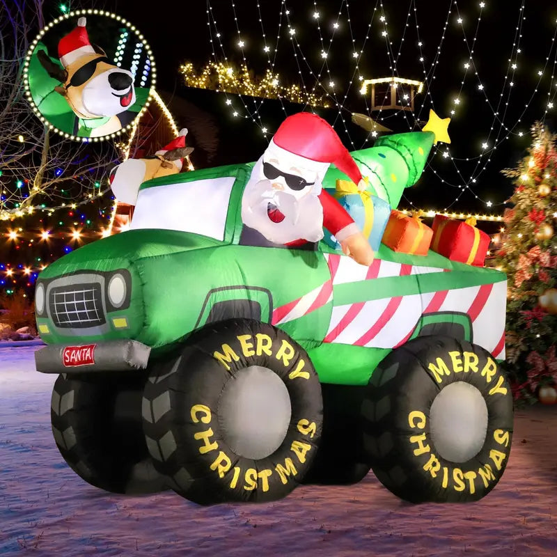DomKom 8FT Christmas Inflatable Santa & Reindeer Monster Truck with LED Lights – Outdoor Holiday Yard Decoration