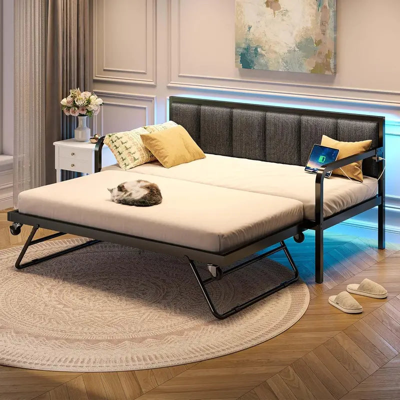 Rolanstar Adjustable Twin Daybed – Modern Charging Station Bed with Integrated LED Lighting