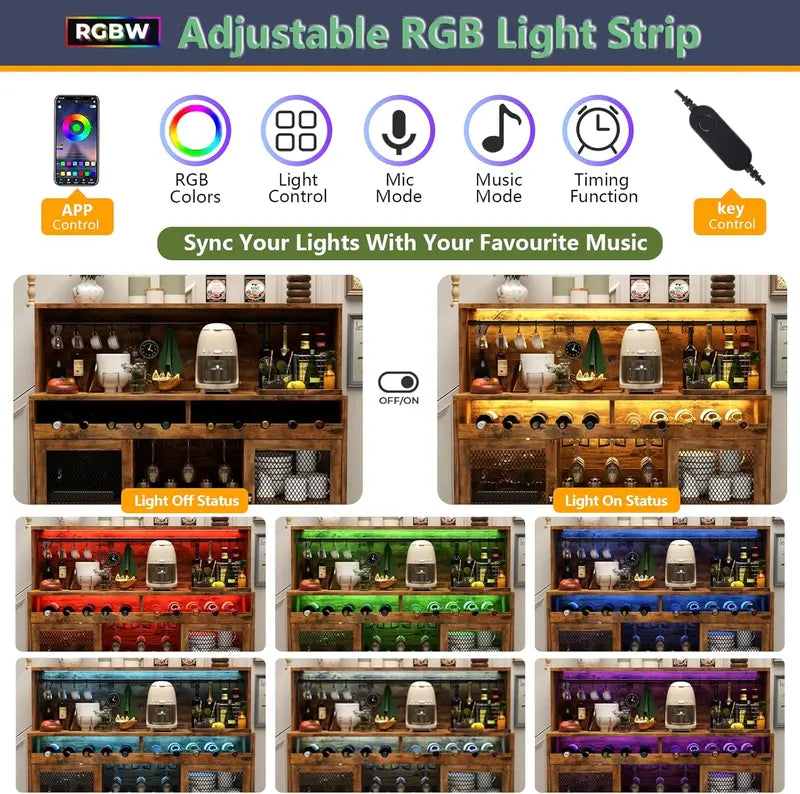 LED-Illuminated Wine & Liquor Bar Cabinet – Multi-Function Coffee Bar with Glass Holders & Buffet Storage