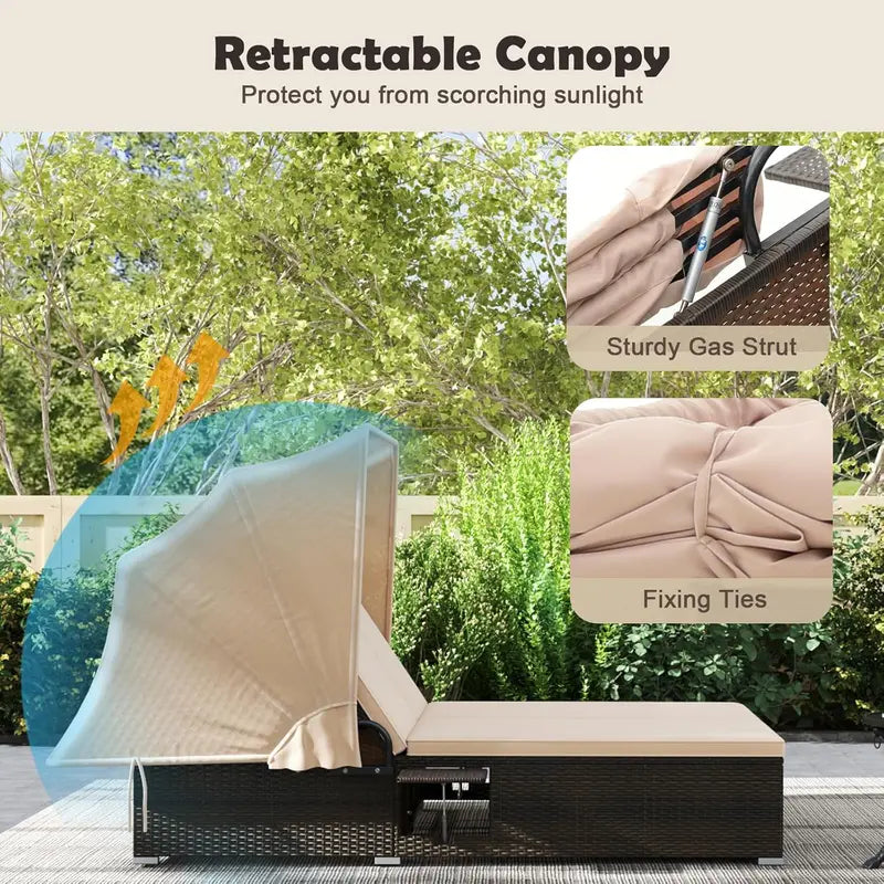 RELAX4LIFE Outdoor Wicker Daybed – Retractable Canopy Chaise Lounge with 6-Position Backrest