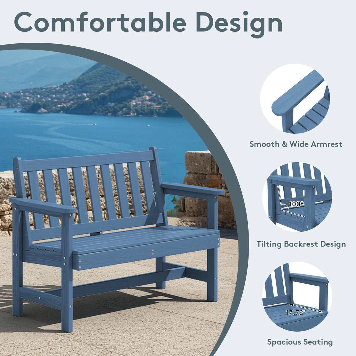 SERWALL Outdoor Bench for 2 - Person, Weather - Resistant HDPE with Aluminum Reinforcement, Supports 660 lb, Comfortable Seating for Patio, Garden, and Porch, Black