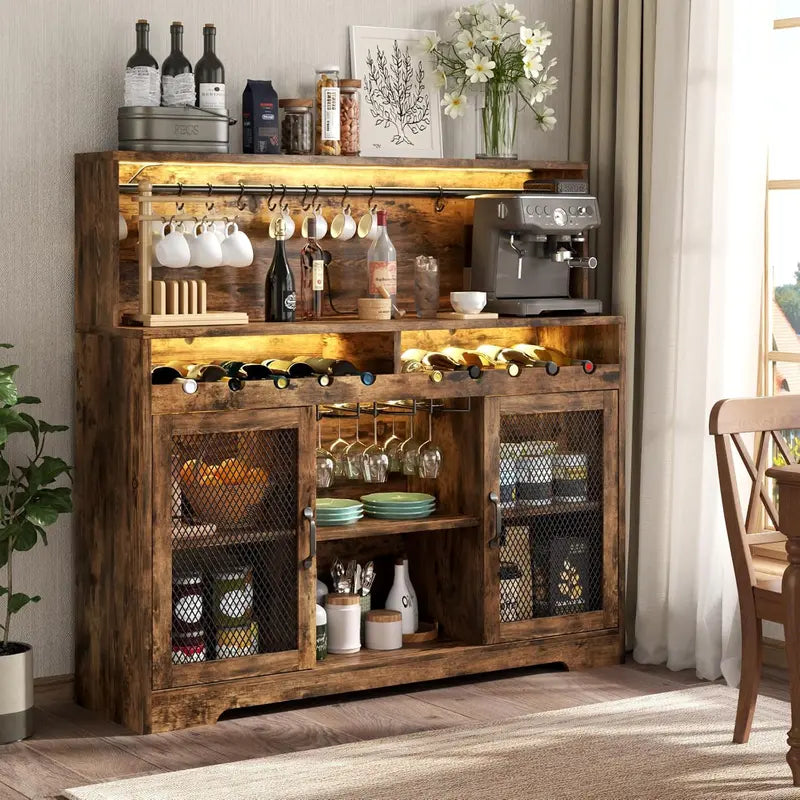 LED-Illuminated Wine & Liquor Bar Cabinet – Multi-Function Coffee Bar with Glass Holders & Buffet Storage