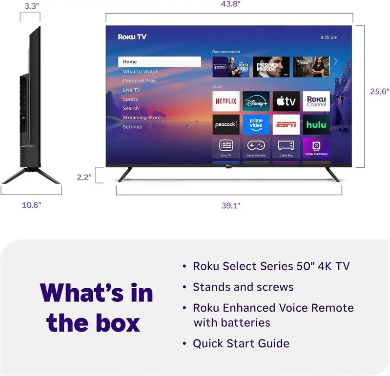 Roku Select Series 50-Inch 4K HDR Smart TV – Voice Remote, Streaming Ready, Slim Design