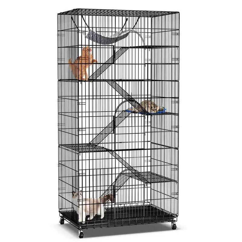 SINGES 6-Tier Large Cat Cage Kennel, Metal Wire Playpen with Bed, Black, for 1-3 Cats or Small Pets