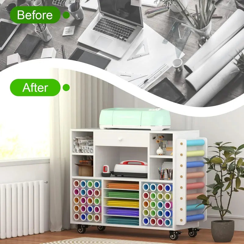 Rolling Craft Storage Cart for Cricut Machines – Mobile Workstation with Large Drawer, 48-Spool Vinyl Holder & Tabletop Surface