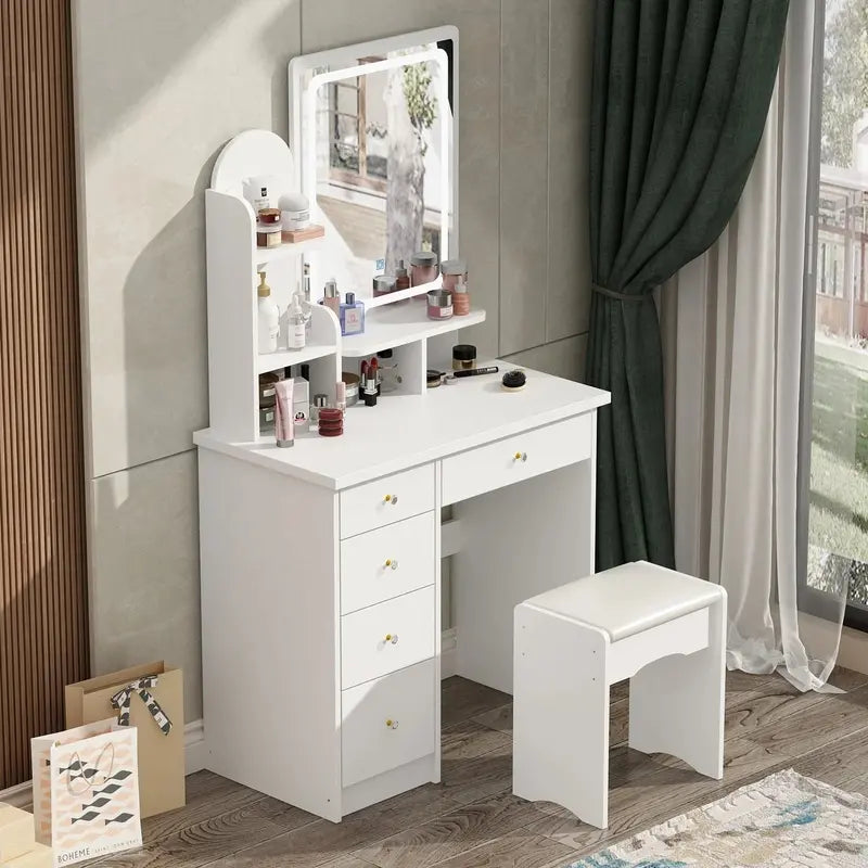 LED-Lit Makeup Vanity Desk Set – Includes Mirror, Adjustable Lighting, and Matching Stool