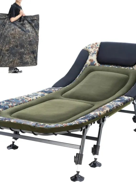 Portable Military Camping Cot for Adults 330lbs – Heavy Duty Folding Bed with Soft Padded Cushion, 180° Adjustable Reclining Outdoor Lounger, Green