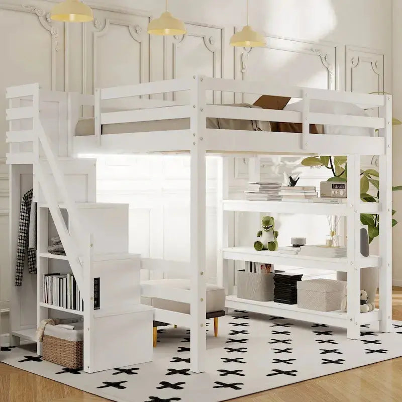 Full/Twin Loft Bed with Integrated Storage Stairs, Wardrobe, Shelves & LED Lighting