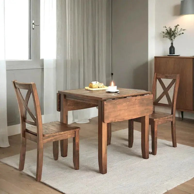 Compact 3-Piece Breakfast Nook Set – Drop-Leaf Wood Dining Table with Two X-Back Chairs