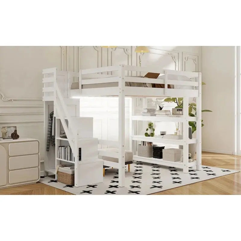 Full/Twin Loft Bed with Integrated Storage Stairs, Wardrobe, Shelves & LED Lighting