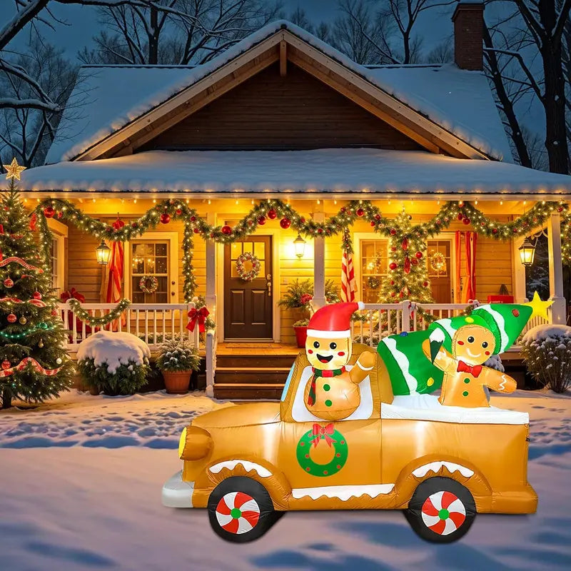 OurWarm 8FT Gingerbread Man Truck Christmas Inflatable with Tree, Outdoor Decoration for Lawn & Garden