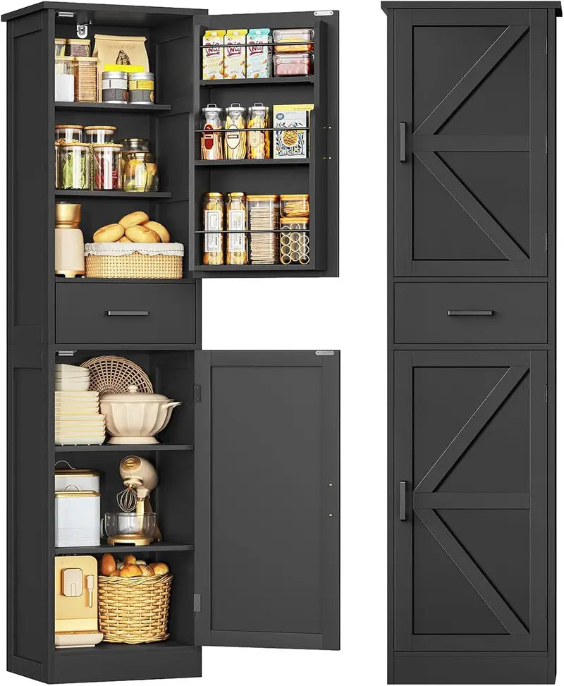 Slim Vertical Kitchen Pantry Cabinet with Three Doors, One Drawer, and Interior Shelving