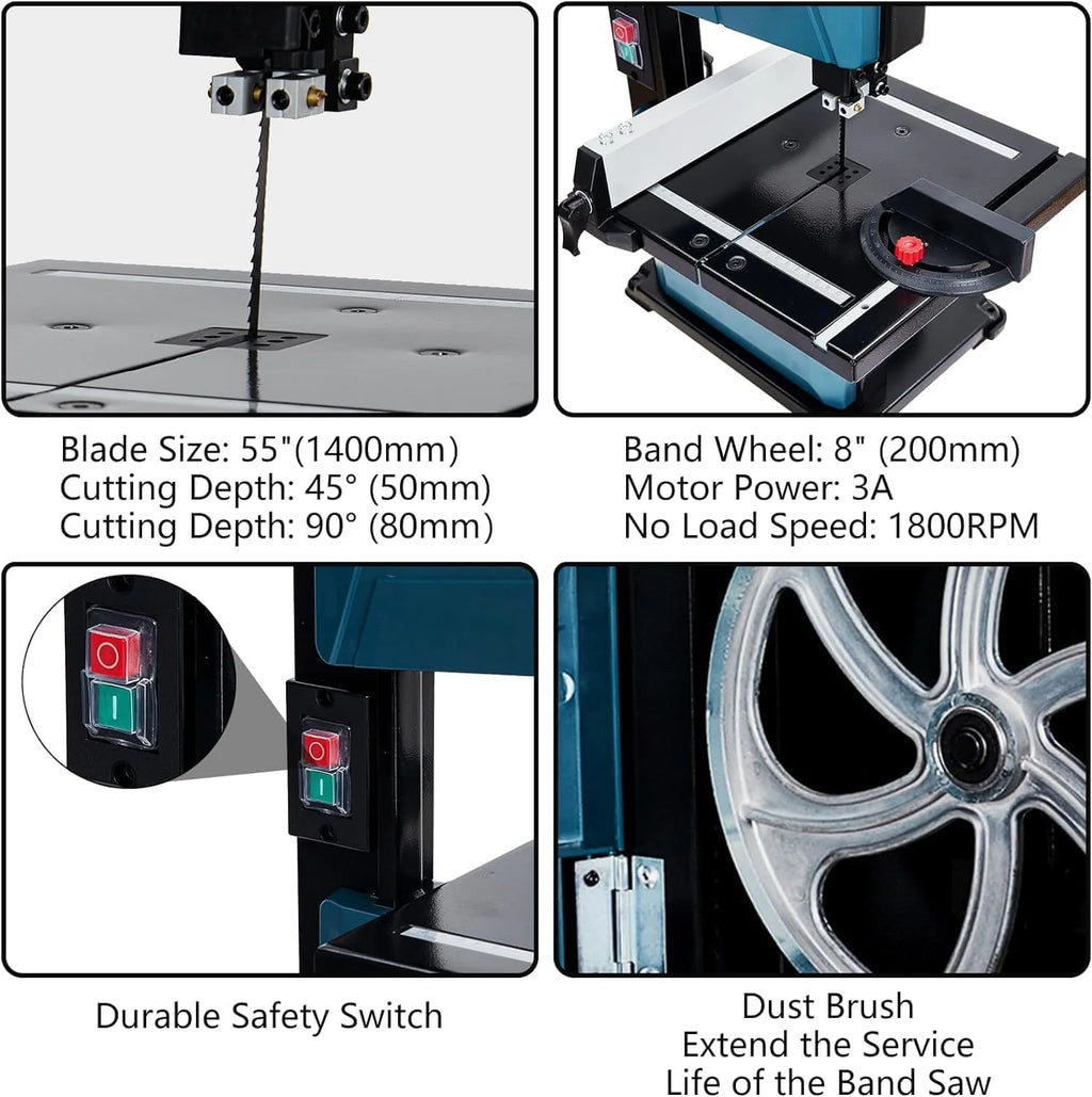 Towallmark 8 - Inch Bandsaw, 1800FPM Benchtop Bandsaw with Removable Safty Key, 0 - 45 Tilting Range, 3 - Amp Saw for Cutting Wood with Fence and Miter Gauge, Band Saws for Woodwork