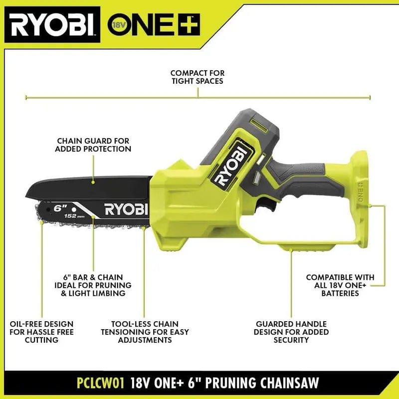 RYOBI ONE+ 18V 6″ Cordless Pruning Chainsaw Tool Only – Compact, Tool-less Tensioning, Oil-Free, 3-Year Warranty