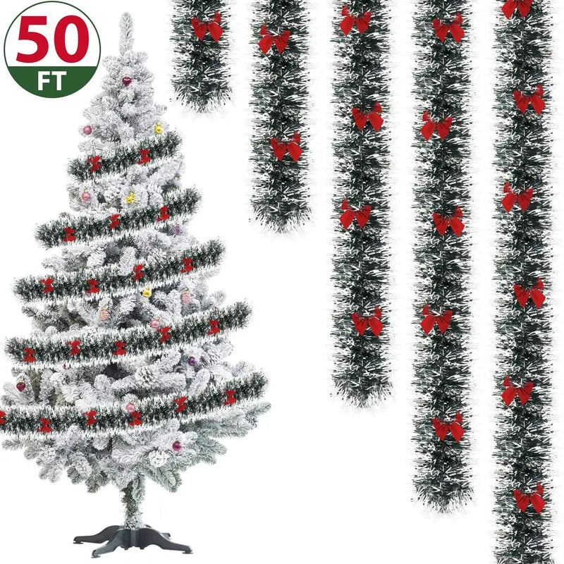 IZNEN 50FT Christmas Garland with 38 Red Bows, Green PVC Tinsel for Indoor & Outdoor Decor