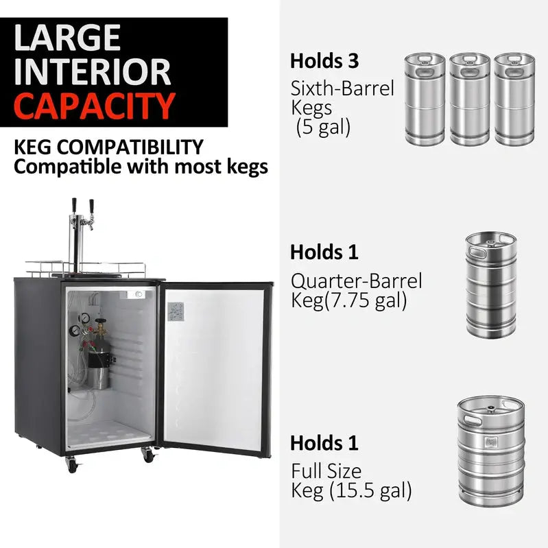 Dual-Tap Stainless Steel Beer Kegerator: Full-Size Draft Dispenser with CO2 Tank & Adjustable Temp (32°F–50°F)