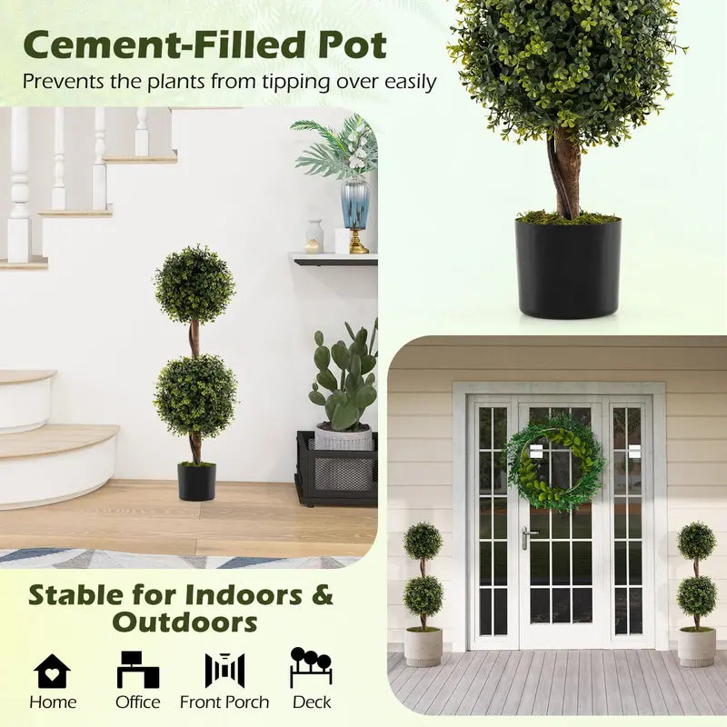 Set of 2 Faux Boxwood Topiary Trees – 3-Foot Outdoor-Ready Ball Shrubs in Weighted Cement Pots