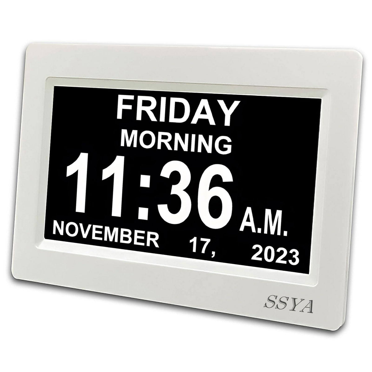 Ssya Digital Calendar Alarm Day Clock - 12 Alarm options Level 5 Auto Dimmable Dementia Clocks for Vision Impaired Elderly Memory Loss Clock with Non-